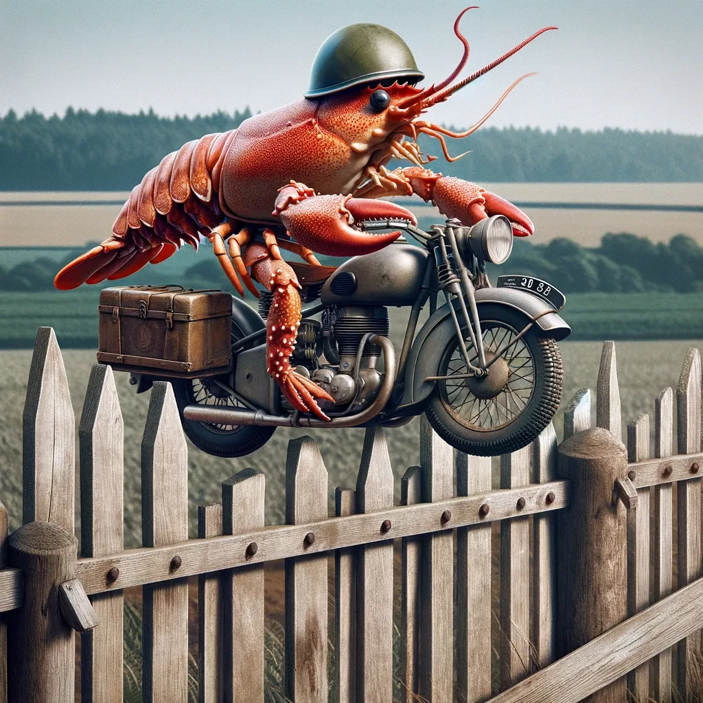 A lobster on a motorcycle jumping a fence like Steve McQueen in the Great Escape