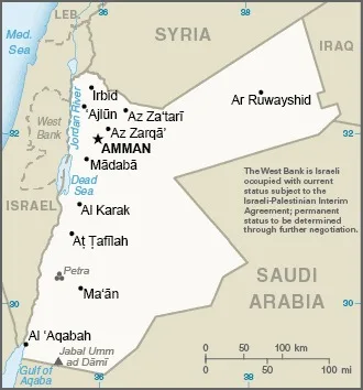 A map of Jordan showing Amman, Petra, Al Aqabah and the neighbouring countries.