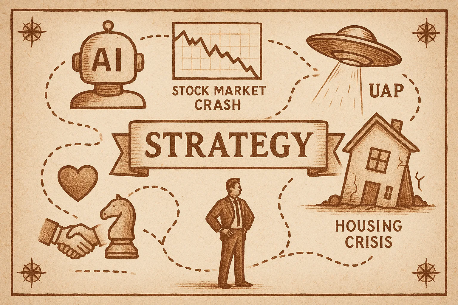 A map showing AI, stock market crashes, and the word "Strategy" in the middle