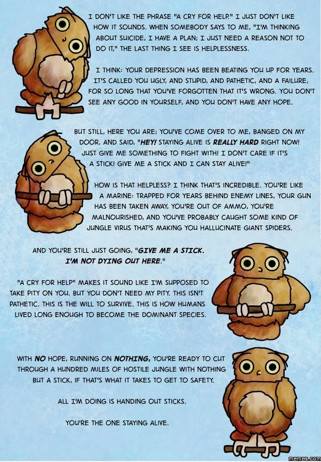 A comic about depression illustrated with cartoon owls, arguing that asking for help is not helplessness but the will to survive.