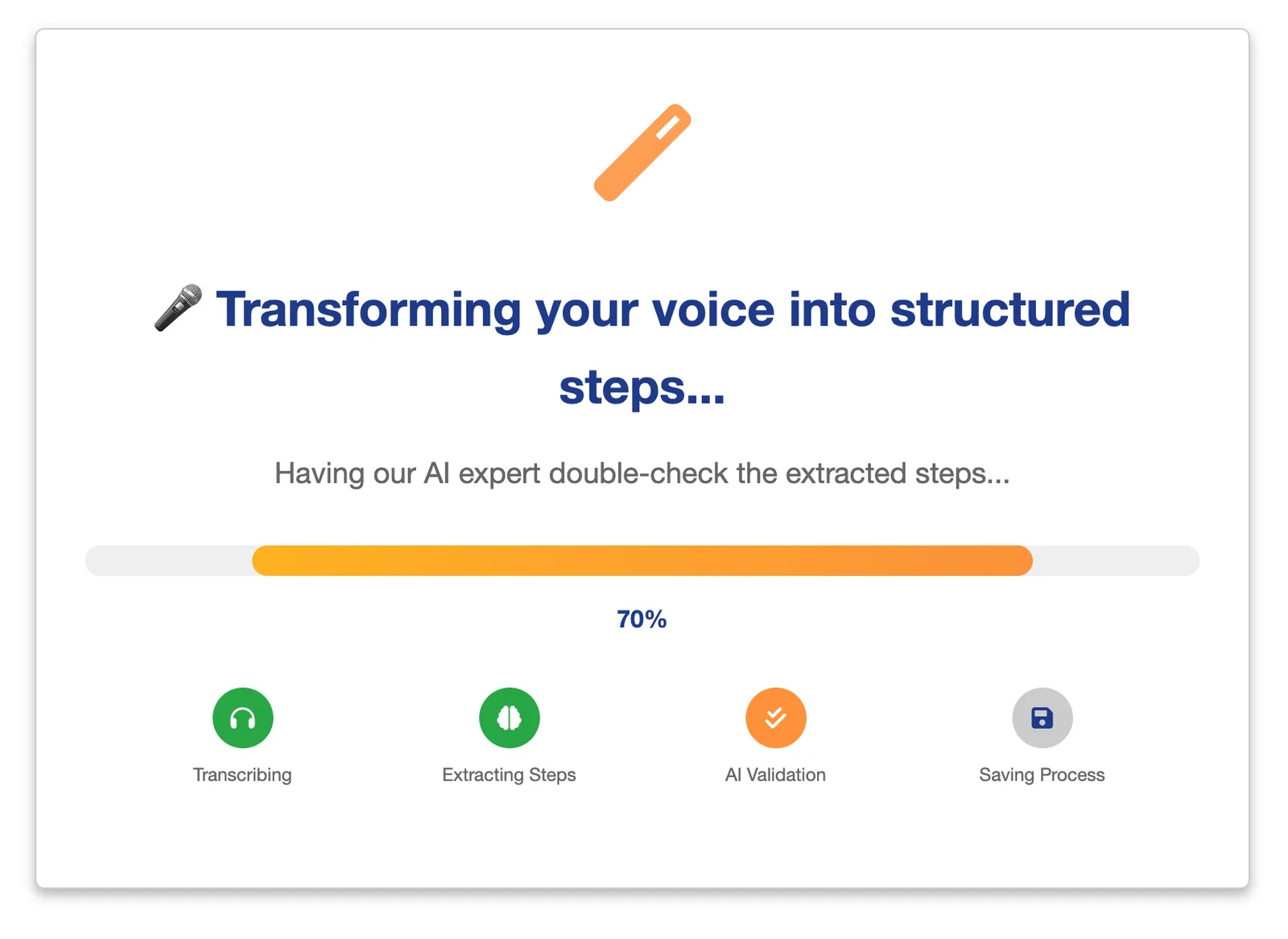 Progress bar showing our AI expert parsing your process into steps