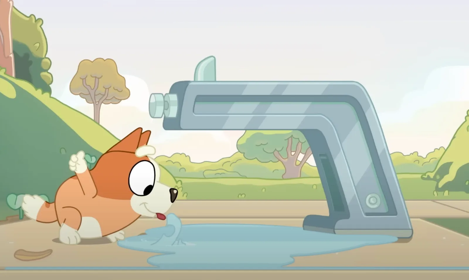 Bingo drinking water off the ground out of a puddle.