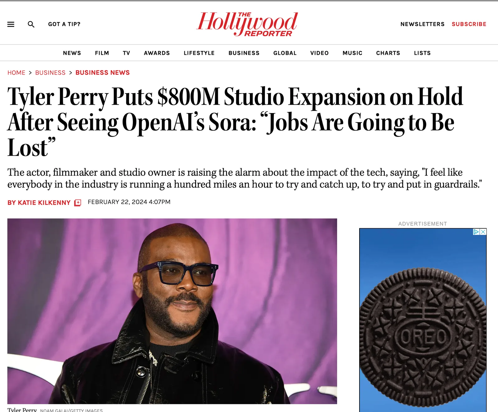 A Hollywood Reporter article headlined "Tyler Perry Puts $800M Studio Expansion on Hold After Seeing OpenAI's Sora: Jobs Are Going to Be Lost".