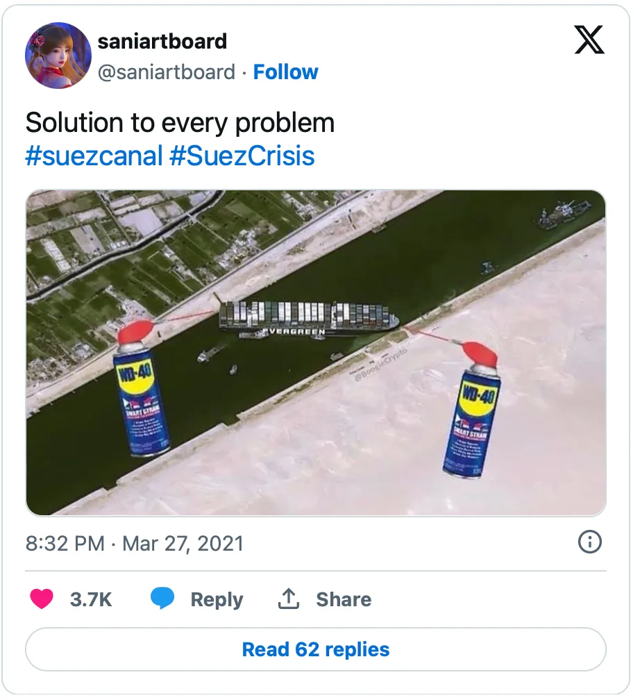 A joke tweet captioned "Solution to every problem", showing the grounded Ever Given in the Suez Canal with two giant cans of WD-40 aimed at it from either bank.