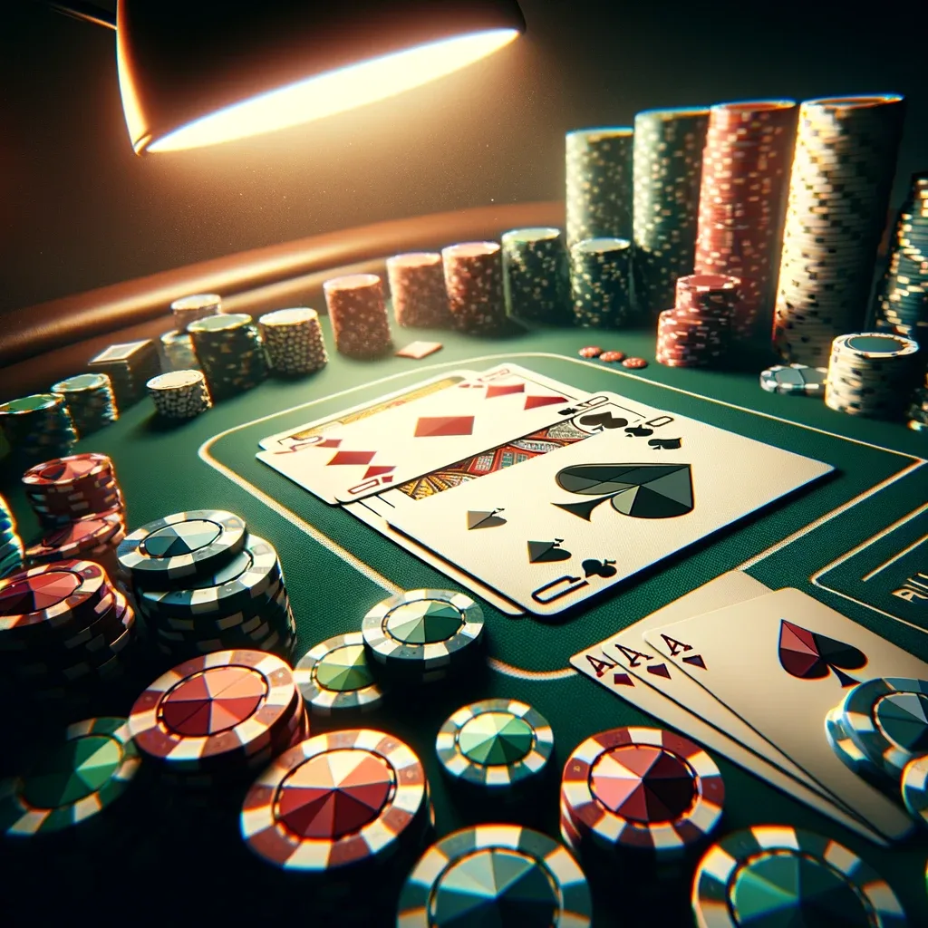 A poker table with cards and chips