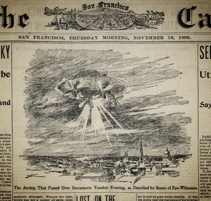 The front page of the San Francisco Call for 19 November 1896, with an engraving of a mystery airship passing over Sacramento.