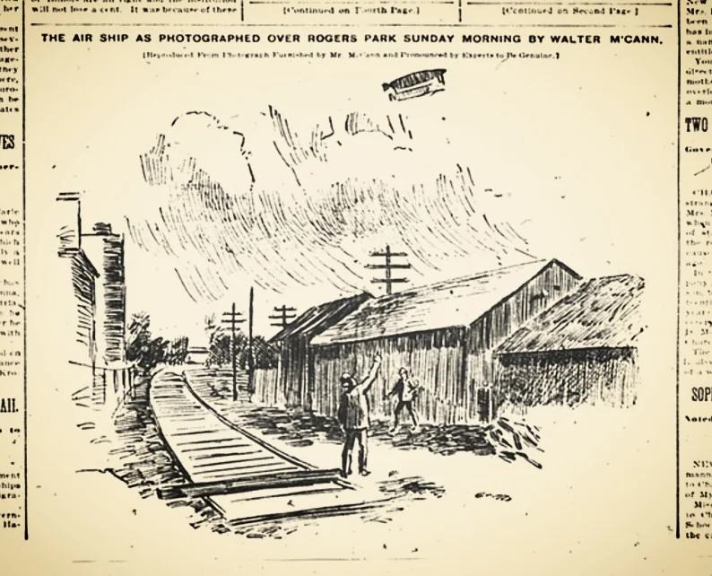 An old newspaper engraving captioned "The air ship as photographed over Rogers Park", showing two men on a street pointing up at a cigar-shaped craft.