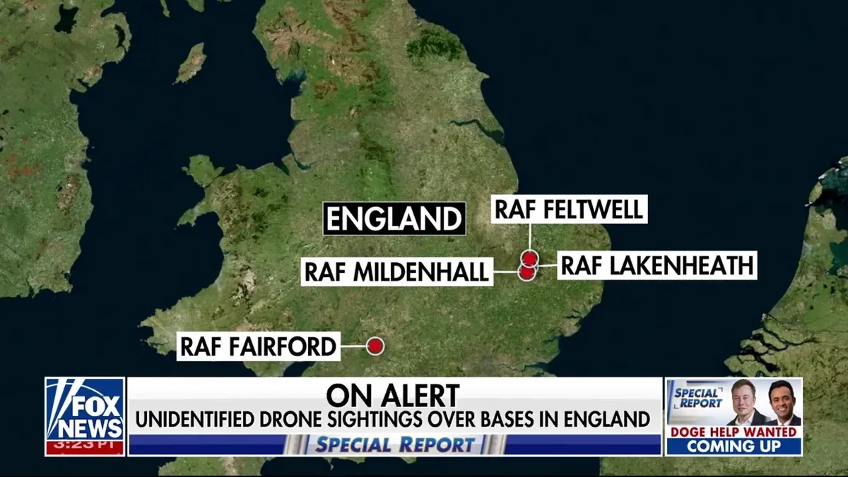 A Fox News special report showing a map of England with RAF Lakenheath, Mildenhall, Feltwell and Fairford marked, under the banner "Unidentified drone sightings over bases in England".